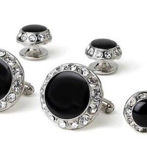 Jet Black Center/ Crystal Edge Cufflinks and Studs Silver Trim
